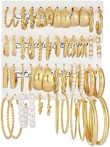 24 Pairs Chunky Gold Hoop Earrings Set for Women, Hypoallergenic Fashion Statement Hoops Earrings Pack Assorted Small Big Twisted Hoop Jewelry for Gift in Saudi Arabia