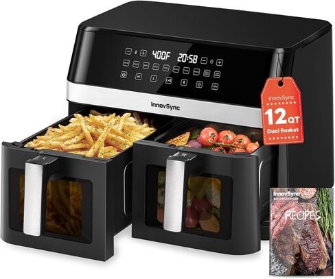 12QT Large Dual Air Fryer, 10-in-1 Double Zone Airfryer with 2×6QT Baskets, 60° Easy-Panel with Full Touchscreen, SyncCook Function, Viewing Window, Nonstick & Dishwasher Safe, Jet Black in Kuwait