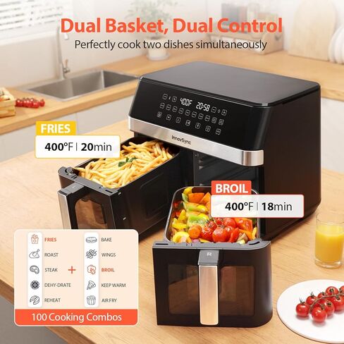 12QT Large Dual Air Fryer, 10-in-1 Double Zone Airfryer with 2×6QT Baskets, 60° Easy-Panel with Full Touchscreen, SyncCook Function, Viewing Window, Nonstick & Dishwasher Safe, Jet Black in Kuwait