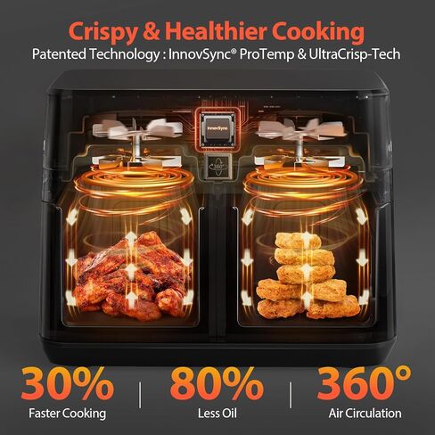 12QT Large Dual Air Fryer, 10-in-1 Double Zone Airfryer with 2×6QT Baskets, 60° Easy-Panel with Full Touchscreen, SyncCook Function, Viewing Window, Nonstick & Dishwasher Safe, Jet Black in Kuwait