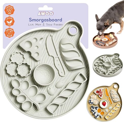 Awoo Smorgasboard - حصيرة سيليكون للكلاب والجرو ووحدة تغذية بطيئة مع أكواب شفط - طبق للحيوانات الأليفة غير قابل للانزلاق وآمن للاستخدام في غسالة الأطباق - يطيل وقت تناول الطعام للأكل السريع - للأطعمة الرطبة والجافة (حكيم) in Kuwait
