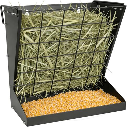 2 in 1 Wall Mount Hay and Grain Feeder, Heavy Duty Metal Hay Rack, Sturdy Livestock Feed Container Easy to Install for Goats, Sheep, Horses and Cattle in Kuwait