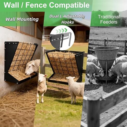 2 in 1 Wall Mount Hay and Grain Feeder, Heavy Duty Metal Hay Rack, Sturdy Livestock Feed Container Easy to Install for Goats, Sheep, Horses and Cattle in Kuwait