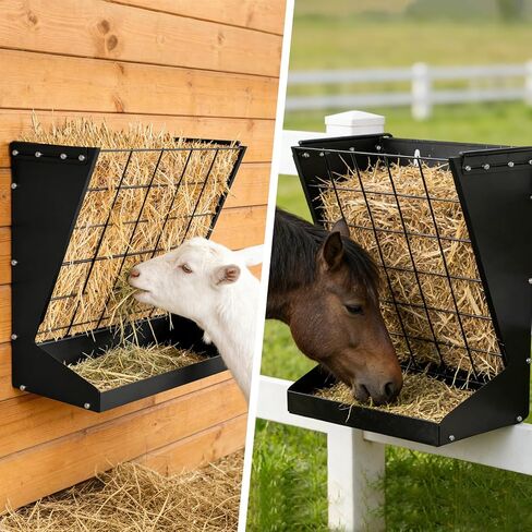 2 in 1 Wall Mount Hay and Grain Feeder, Heavy Duty Metal Hay Rack, Sturdy Livestock Feed Container Easy to Install for Goats, Sheep, Horses and Cattle in Kuwait
