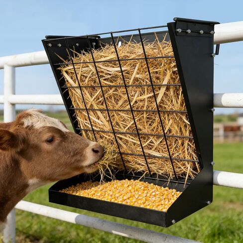 2 in 1 Wall Mount Hay and Grain Feeder, Heavy Duty Metal Hay Rack, Sturdy Livestock Feed Container Easy to Install for Goats, Sheep, Horses and Cattle in Kuwait