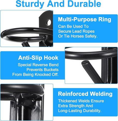 6 Pack Heavy Duty Bucket Hooks for Horse Stalls Anti-Tip Metal Bucket Holder for Horse Feed and Water Stable Barn Fence Accessories with Screws, Black in Kuwait