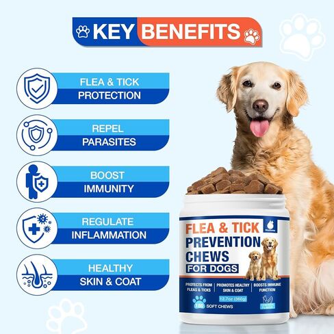 Natural Flea and Tick Prevention for Dogs Chewables, 180 Cts, Oral Flea Pills for Dogs, Dog Flea and Tick Treatment, Skin & Coat Support Supplement in Kuwait