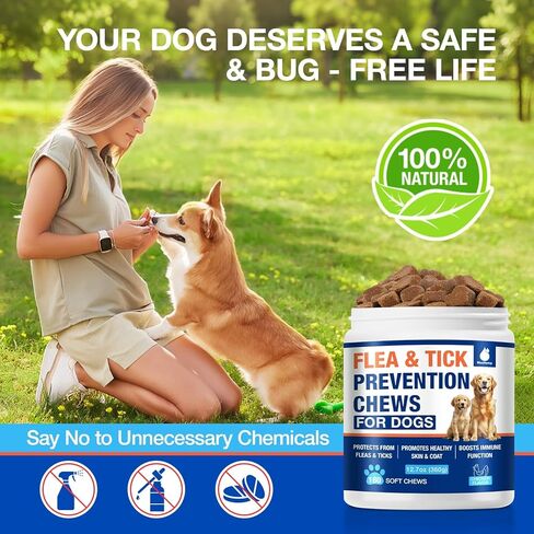 Natural Flea and Tick Prevention for Dogs Chewables, 180 Cts, Oral Flea Pills for Dogs, Dog Flea and Tick Treatment, Skin & Coat Support Supplement in Kuwait
