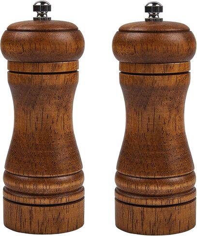 Wooden Salt and Pepper Mill Set, 5 inches, Adjustable Grinder, Classic Brown, Pack of 2 in Kuwait
