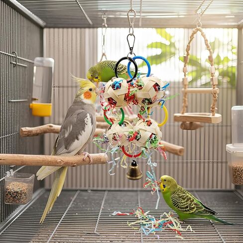 Bird Toy, Bamboo Ball Shredded Paper Parrot Foraging Tearing and Climbing Hanging Toy, Suitable for Parakeet Conure Cockatiel and Lovebird in Kuwait