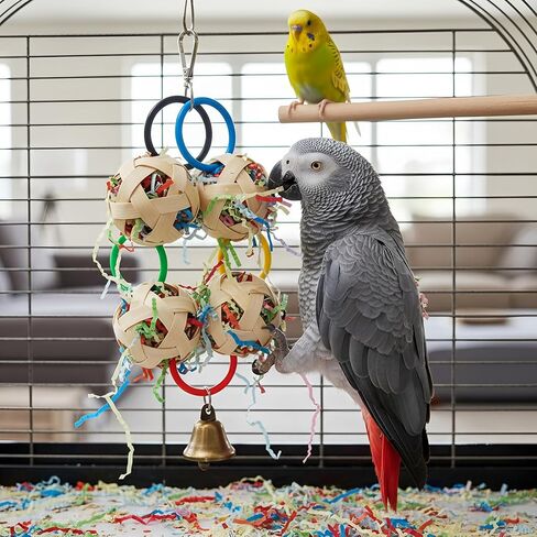 Bird Toy, Bamboo Ball Shredded Paper Parrot Foraging Tearing and Climbing Hanging Toy, Suitable for Parakeet Conure Cockatiel and Lovebird in Kuwait