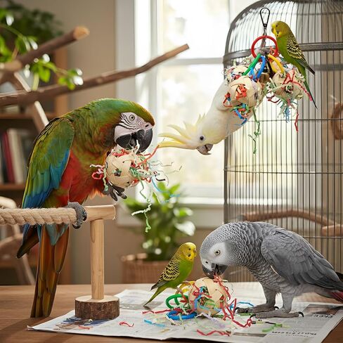 Bird Toy, Bamboo Ball Shredded Paper Parrot Foraging Tearing and Climbing Hanging Toy, Suitable for Parakeet Conure Cockatiel and Lovebird in Kuwait