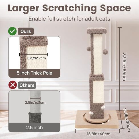 Cat Scratching Post for Indoor Big Cat Kitten Kitty, 33.5" Tall Sisal Rope Scratch Pole with Ball Toy, Extra Large Heavy Duty Scratcher Standing Tree, Smart Vertical Design for Small Space in Kuwait