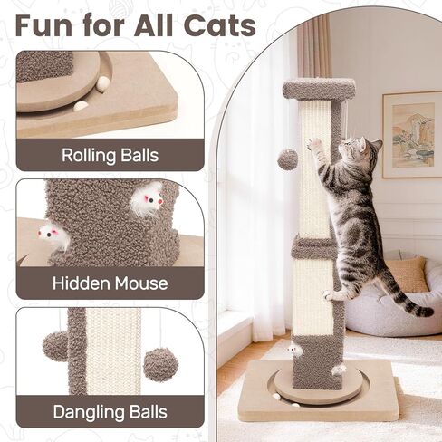 Cat Scratching Post for Indoor Big Cat Kitten Kitty, 33.5" Tall Sisal Rope Scratch Pole with Ball Toy, Extra Large Heavy Duty Scratcher Standing Tree, Smart Vertical Design for Small Space in Kuwait