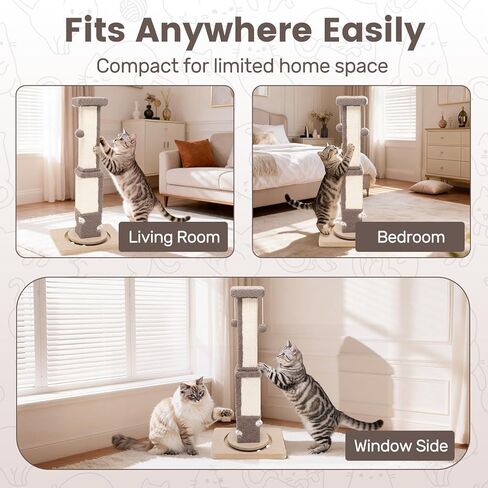 Cat Scratching Post for Indoor Big Cat Kitten Kitty, 33.5" Tall Sisal Rope Scratch Pole with Ball Toy, Extra Large Heavy Duty Scratcher Standing Tree, Smart Vertical Design for Small Space in Kuwait