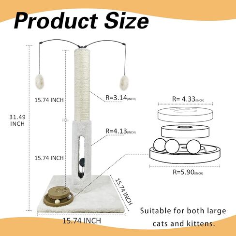 31" Cat Scratching Post Kitten Toys for Indoor Cats Interactive Scratcher with Tracking Ball, Sisal Scratch Rope for Large Cats,Sturdy Base Cat Scratch Post, (Beige, 31" H) in Kuwait