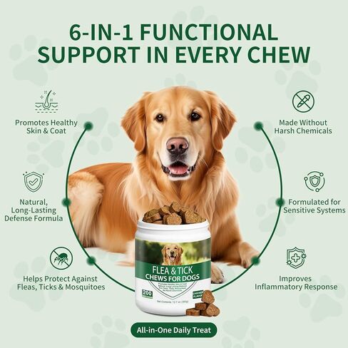 Flea and Tick Chewable for Dogs 200ct - Dog Flea and Tick Supports, Natural Yeast Omega 3 for Skin Coat & Itching Relief, Immune Support, Oral Supplement for All Breeds & Ages in Kuwait