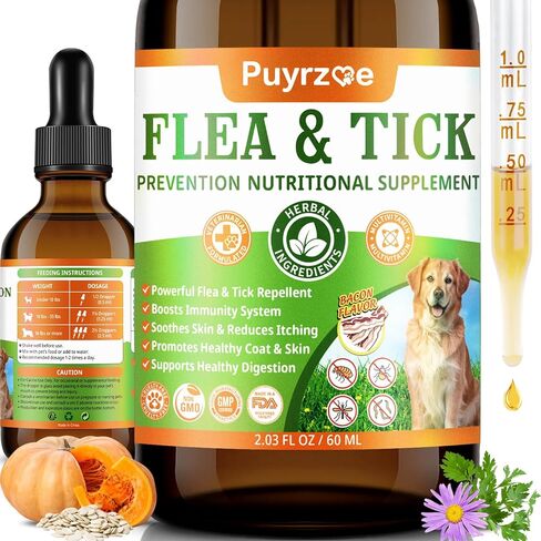 Puyrzoe Dog Flea Treatment Drops, Natural Oral Flea and Tick Prevention for Dogs with Pumpkin Seed, Echinacea, Omega-3/6/9- Support Immunity, Healthy Skin & Coat, Digestion & Overall Wellness in Kuwait