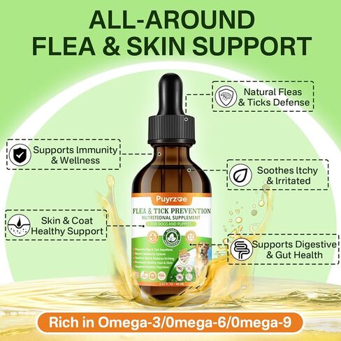 Puyrzoe Dog Flea Treatment Drops, Natural Oral Flea and Tick Prevention for Dogs with Pumpkin Seed, Echinacea, Omega-3/6/9- Support Immunity, Healthy Skin & Coat, Digestion & Overall Wellness in Kuwait