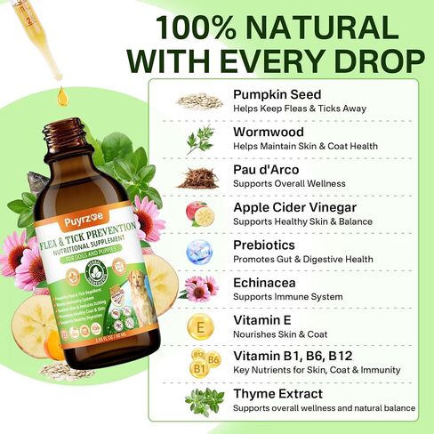 Puyrzoe Dog Flea Treatment Drops, Natural Oral Flea and Tick Prevention for Dogs with Pumpkin Seed, Echinacea, Omega-3/6/9- Support Immunity, Healthy Skin & Coat, Digestion & Overall Wellness in Kuwait