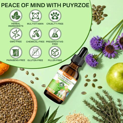Puyrzoe Dog Flea Treatment Drops, Natural Oral Flea and Tick Prevention for Dogs with Pumpkin Seed, Echinacea, Omega-3/6/9- Support Immunity, Healthy Skin & Coat, Digestion & Overall Wellness in Kuwait