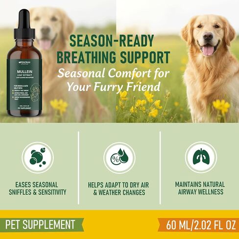 Cough Relief Mullein Drops for Dogs & Cats, Kennel/Dry/Wet Cough, Hoarseness, Seasonal coughing, Easy Breathing, Lung Cleanse, Better Lungs, Soothes Throat - Natural & Efficient ﻿ ﻿ ﻿ in Kuwait