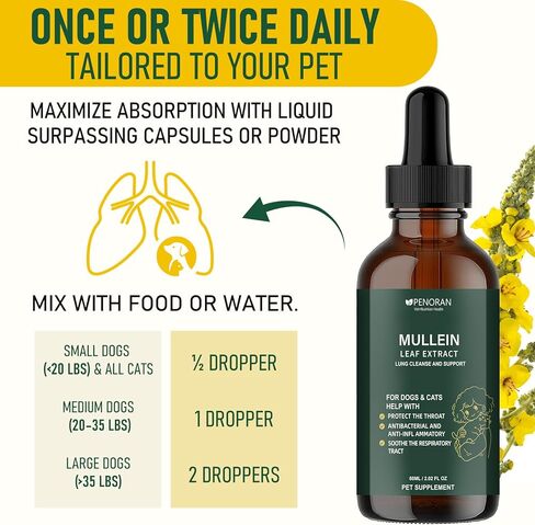 Cough Relief Mullein Drops for Dogs & Cats, Kennel/Dry/Wet Cough, Hoarseness, Seasonal coughing, Easy Breathing, Lung Cleanse, Better Lungs, Soothes Throat - Natural & Efficient ﻿ ﻿ ﻿ in Kuwait