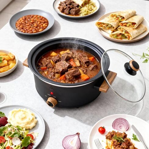طباخ بطيء سعة 3 لتر مع وعاء داخلي من الألومنيوم، 3 إعدادات لدرجة الحرارة، وعاء قابل للإزالة آمن للغسل في غسالة الأطباق وغطاء زجاجي، تصميم بمقبض خشبي، طباخ كهربائي مدمج للوجبات المنزلية، أسود in Kuwait