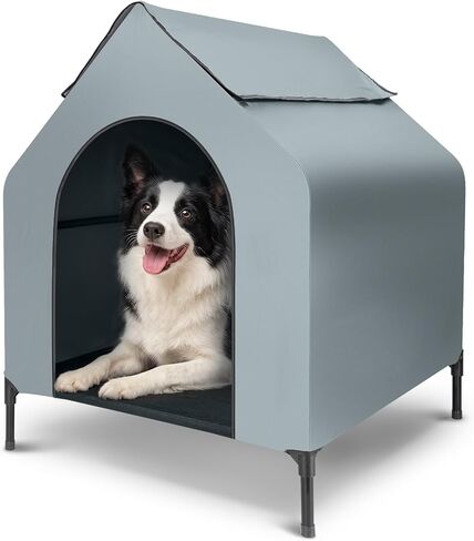 49" Elevated Dog House for Large Dogs, Outdoor Dog Shelter with Removable Roof, Raised Cooling Dog Bed with Canopy, Breathable Mesh Dog House for Indoor Outdoor Use in Kuwait