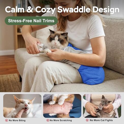 Cat Wrap for Cutting Nails, Self-Adhesive Cat Nail Clipping Restraint Bag, Anti-Scratch Cat Grooming Wrap Swaddle for Meds, SubQ Fluids, Ear Cleaning, Teeth Brushing & Vet Visits,Blue,S in Kuwait