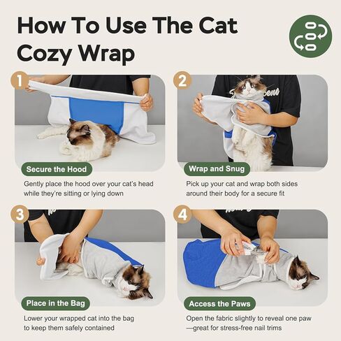Cat Wrap for Cutting Nails, Self-Adhesive Cat Nail Clipping Restraint Bag, Anti-Scratch Cat Grooming Wrap Swaddle for Meds, SubQ Fluids, Ear Cleaning, Teeth Brushing & Vet Visits,Blue,S in Kuwait