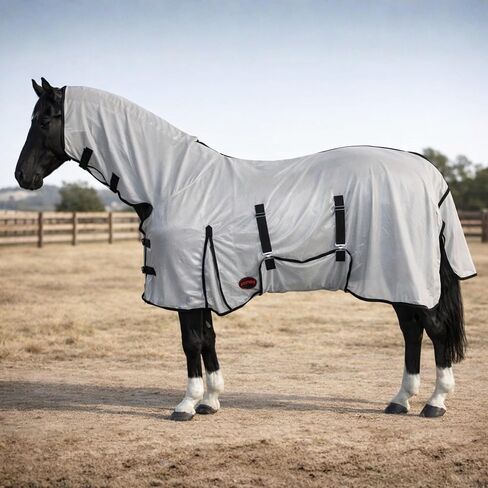 RESISTANCE Horse Fly Sheet with Neck Cover & Belly Wrap, Lightweight Breathable UV Protection Fly Sheet for Horses, Silver, Sizes 68"– 82" in Kuwait