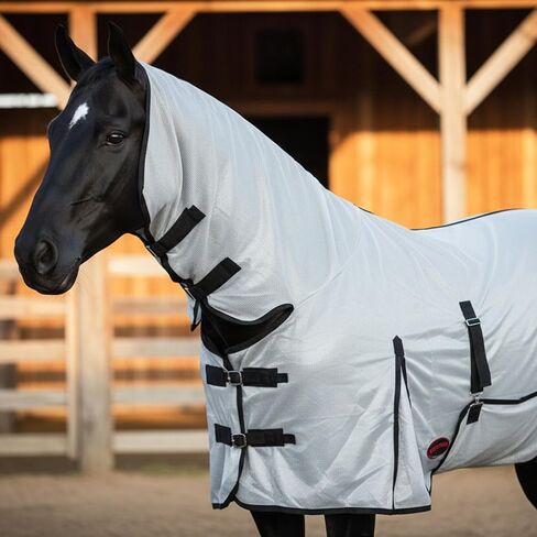 RESISTANCE Horse Fly Sheet with Neck Cover & Belly Wrap, Lightweight Breathable UV Protection Fly Sheet for Horses, Silver, Sizes 68"– 82" in Kuwait
