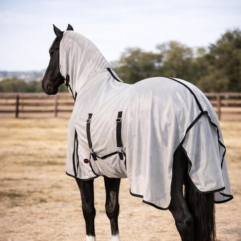 RESISTANCE Horse Fly Sheet with Neck Cover & Belly Wrap, Lightweight Breathable UV Protection Fly Sheet for Horses, Silver, Sizes 68"– 82" in Kuwait