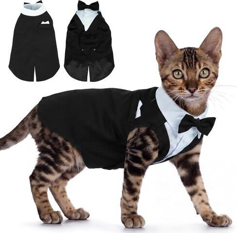 PUMYPOREITY Cat Tuxedo Suit Formal Wear with Bow Tie, Soft Skin-Friendly Cat Costumes for Cats Only, Elegant Outfit for Male Female Cats, Perfect for Wedding Birthday Photo Shoots, L, Black in Kuwait