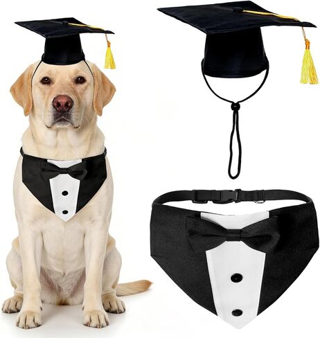 Adjustable Dog Graduation Cap and Tuxedo Collar with Yellow Tassels Black Bow Tie Formal Pet Graduation Costume Accessories for Small Medium Large Dogs Graduation Party in Kuwait
