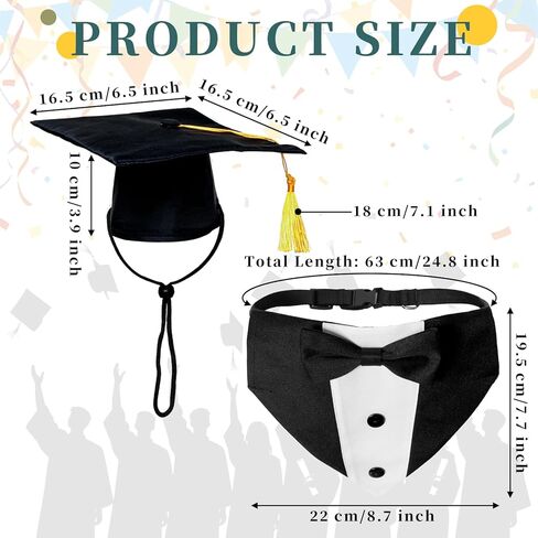 Adjustable Dog Graduation Cap and Tuxedo Collar with Yellow Tassels Black Bow Tie Formal Pet Graduation Costume Accessories for Small Medium Large Dogs Graduation Party in Kuwait