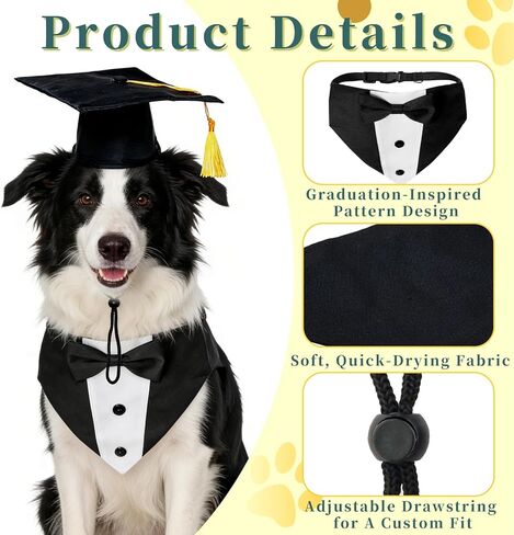 Adjustable Dog Graduation Cap and Tuxedo Collar with Yellow Tassels Black Bow Tie Formal Pet Graduation Costume Accessories for Small Medium Large Dogs Graduation Party in Kuwait