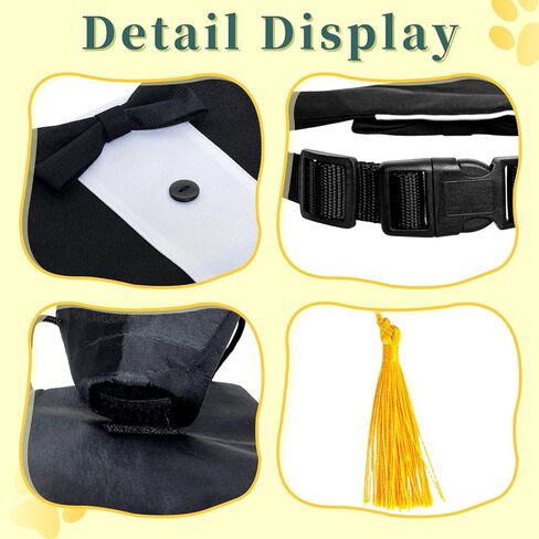 Adjustable Dog Graduation Cap and Tuxedo Collar with Yellow Tassels Black Bow Tie Formal Pet Graduation Costume Accessories for Small Medium Large Dogs Graduation Party in Kuwait