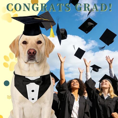 Adjustable Dog Graduation Cap and Tuxedo Collar with Yellow Tassels Black Bow Tie Formal Pet Graduation Costume Accessories for Small Medium Large Dogs Graduation Party in Kuwait