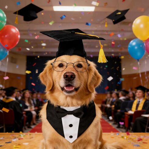 Adjustable Dog Graduation Cap and Tuxedo Collar with Yellow Tassels Black Bow Tie Formal Pet Graduation Costume Accessories for Small Medium Large Dogs Graduation Party in Kuwait