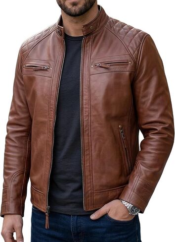 Mens Leather Jacket - Quilted Cafe Racer Style Real Lambskin Leather Jackets For Men in Saudi Arabia