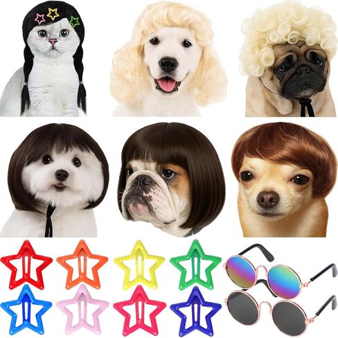 6 Pcs Funny Dog Wig for Cat and Dog Role Playing Wigs with Hairpin Glasses and Adjustable Elastic Band Pet Wigs and Pet Costumes for Small, Medium & Large Pets Accessories(Classic) in Kuwait