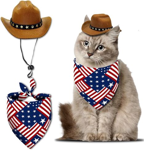Pet Cowboy Costume, Cat Dog Independence Day Costumes Patriotic Pet Cat Dog Cowboy Hat with American Flag Patriotic Bandana Scarf for Dogs Small Cats Pets in Kuwait