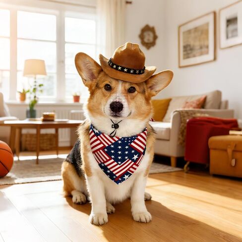 Pet Cowboy Costume, Cat Dog Independence Day Costumes Patriotic Pet Cat Dog Cowboy Hat with American Flag Patriotic Bandana Scarf for Dogs Small Cats Pets in Kuwait