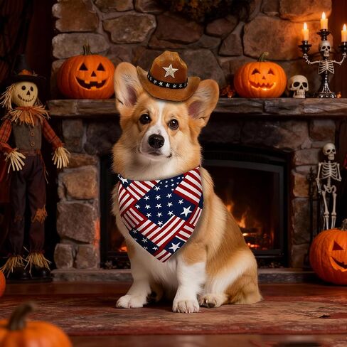 Pet Cowboy Costume, Cat Dog Independence Day Costumes Patriotic Pet Cat Dog Cowboy Hat with American Flag Patriotic Bandana Scarf for Dogs Small Cats Pets in Kuwait