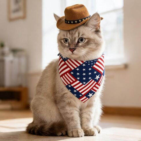 Pet Cowboy Costume, Cat Dog Independence Day Costumes Patriotic Pet Cat Dog Cowboy Hat with American Flag Patriotic Bandana Scarf for Dogs Small Cats Pets in Kuwait