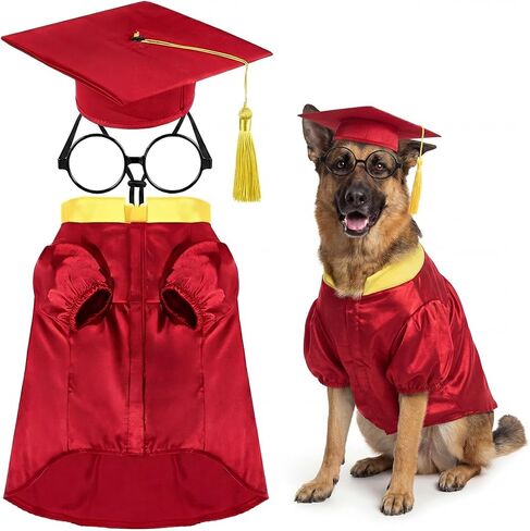 Huhumy 3 Pcs Dog Graduation Costume Set Include Pet Graduation Gown Adjustable Puppy Grad Cap with Gold Tassel Lensless Glasses for Dogs Cats Holiday Costume Accessory(Red,XL) in Saudi Arabia