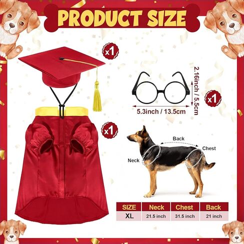 Huhumy 3 Pcs Dog Graduation Costume Set Include Pet Graduation Gown Adjustable Puppy Grad Cap with Gold Tassel Lensless Glasses for Dogs Cats Holiday Costume Accessory(Red,XL) in Saudi Arabia