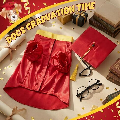 Huhumy 3 Pcs Dog Graduation Costume Set Include Pet Graduation Gown Adjustable Puppy Grad Cap with Gold Tassel Lensless Glasses for Dogs Cats Holiday Costume Accessory(Red,XL) in Saudi Arabia